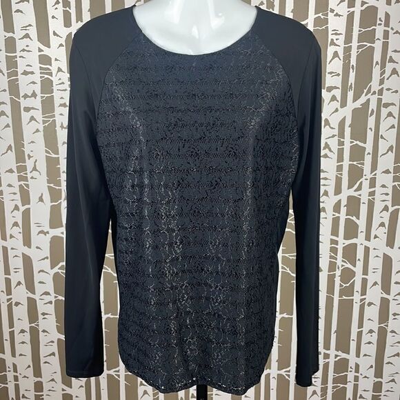 Ann Taylor Tops - Ann Taylor Lace Front Slinky Back & Sleeves Top Black sz M